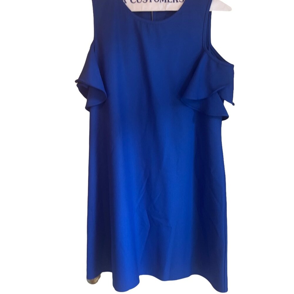 Cold Shoulder Royal Blue Dress With Ruffle Sleeves & Back Zipper Closure